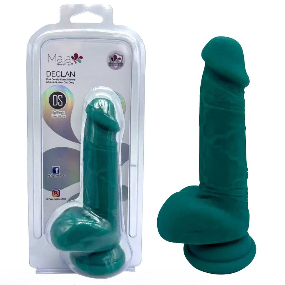 Maia Declan dual density dong in Green with suction base, beside its Maia blister pack