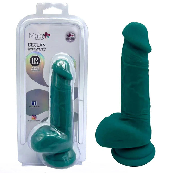 Maia Declan dual density dong in Green with suction base, beside its Maia blister pack