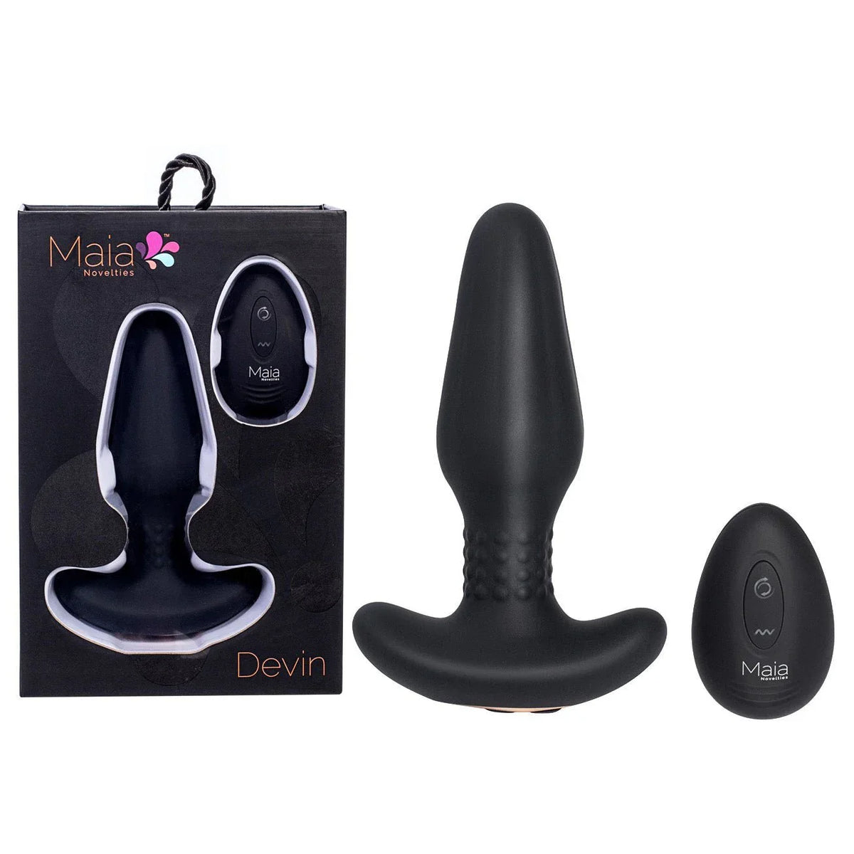 Maia Devin rotating butt plug in Black with its round remote, beside the Devin box