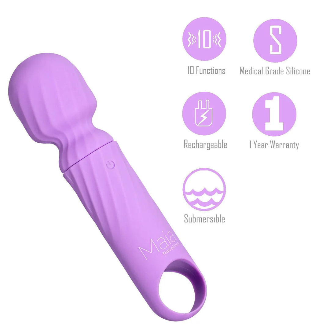 Maia Dolly mini wand in Purple with icons for 10 functions and medical grade silicone