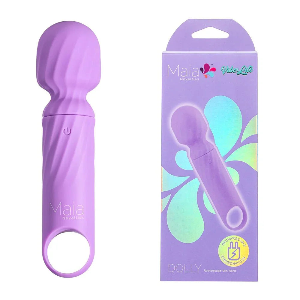 Maia Dolly mini wand in Purple with a looped handle, beside its purple Maia box