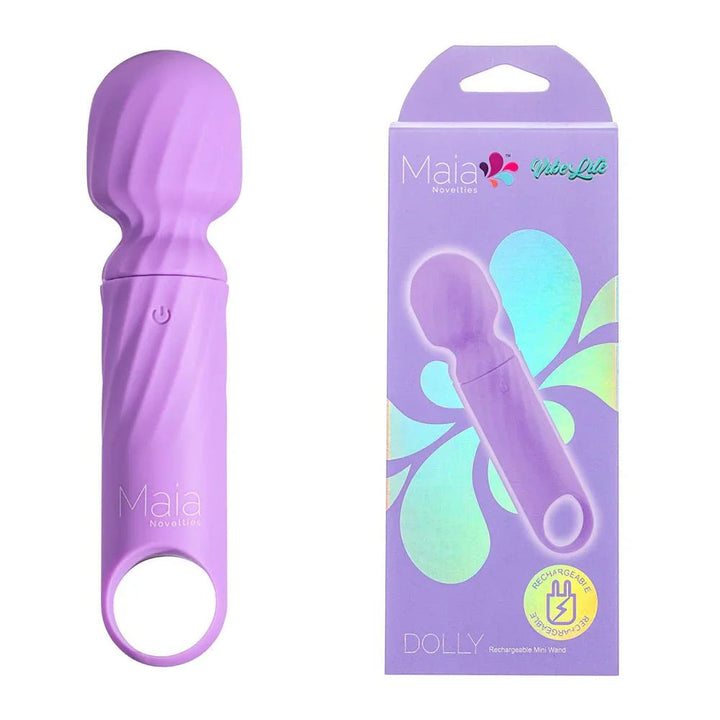 Maia Dolly mini wand in Purple with a looped handle, beside its purple Maia box