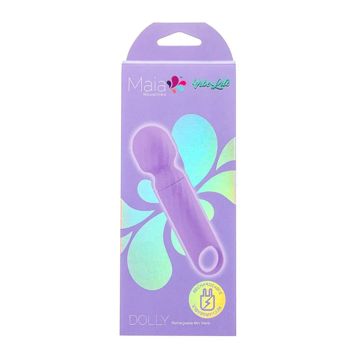 Maia Dolly retail box in purple, mini wand pictured on the Vibe Lite packaging