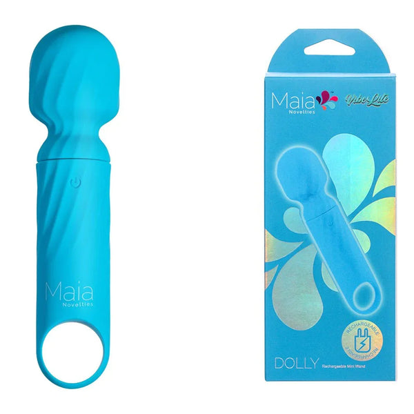 Maia Dolly mini wand in Blue with a looped handle, beside its blue Maia box