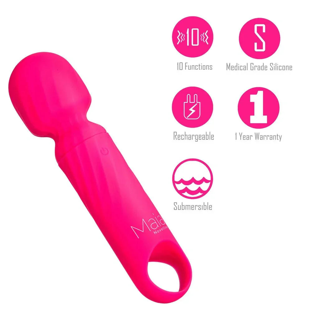 Maia Dolly mini wand in Pink with icons for 10 functions and medical grade silicone