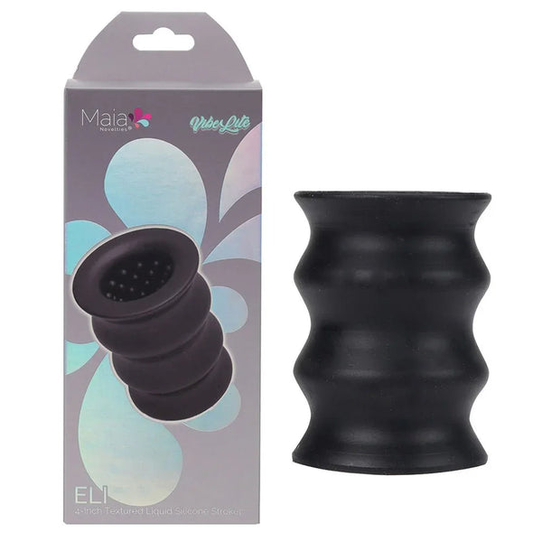 Maia Eli stroker sleeve in Black, ridged open-ended sleeve beside its Maia box