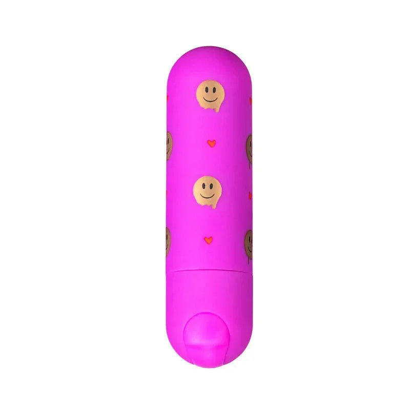 Maia Giggly bullet in Pink printed with smiley faces and hearts, upright on white