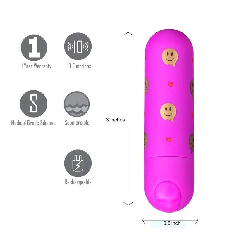 Maia Giggly bullet in Pink with smiley print, sized 3 by 0.8 inches with feature icons