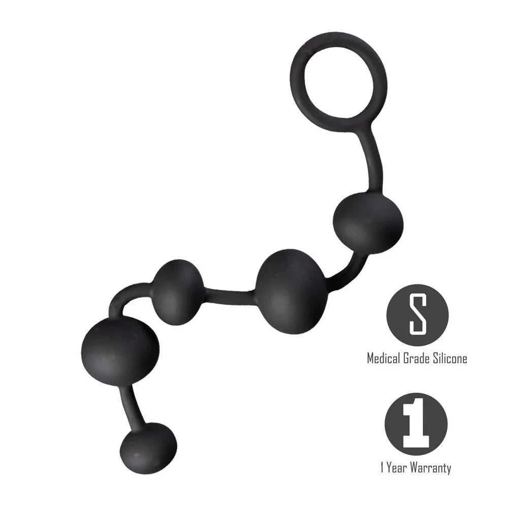 Maia Grayson anal beads in Black with icons for medical grade silicone and warranty