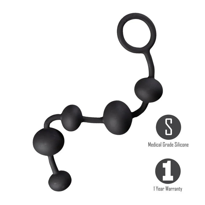 Maia Grayson anal beads in Black with icons for medical grade silicone and warranty
