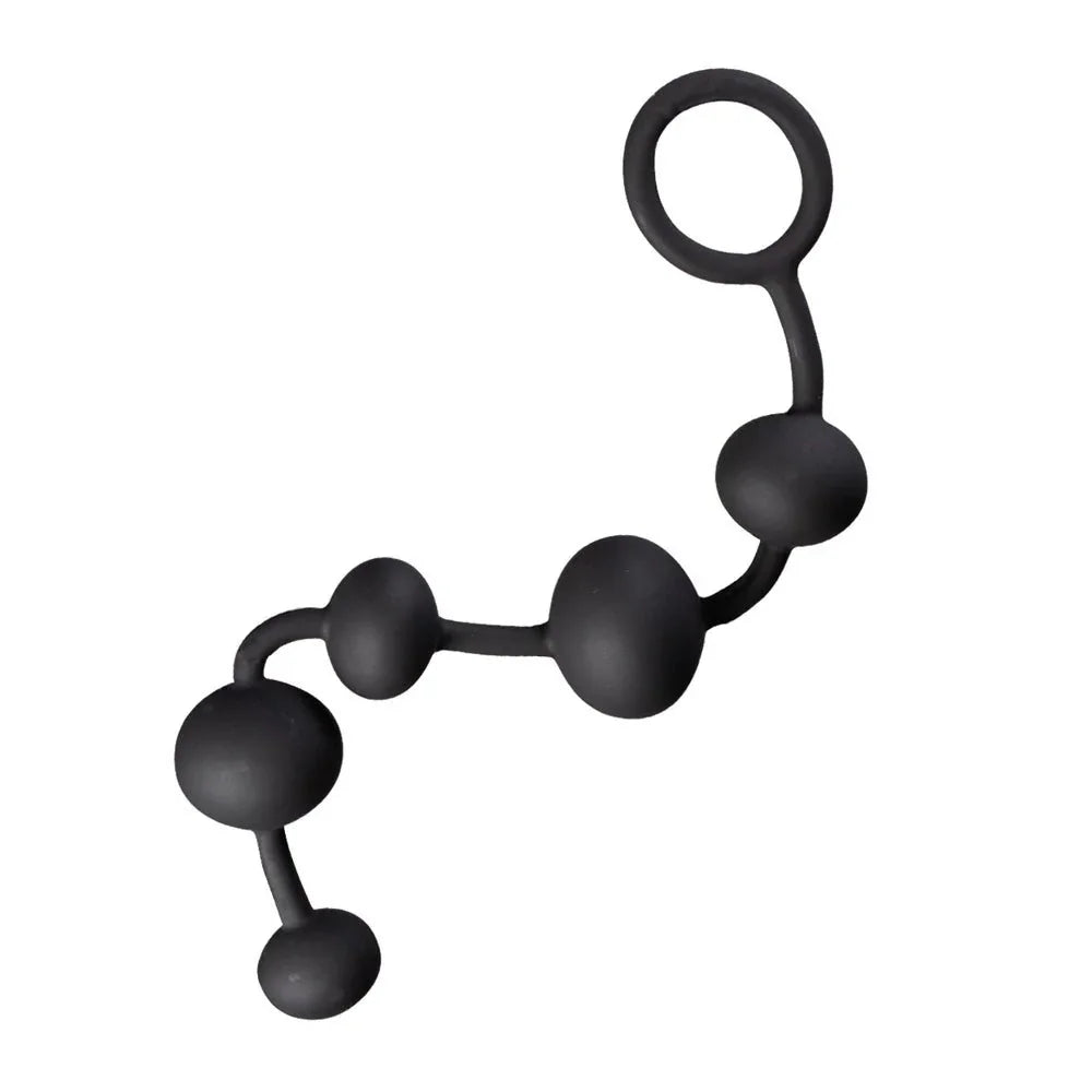 Maia Grayson anal beads in Black, full strand with pull ring, alone on white