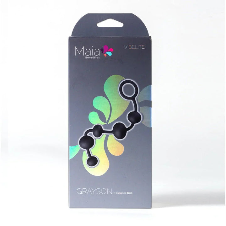 Maia Grayson retail box in grey, beaded strand pictured on the Vibelite packaging