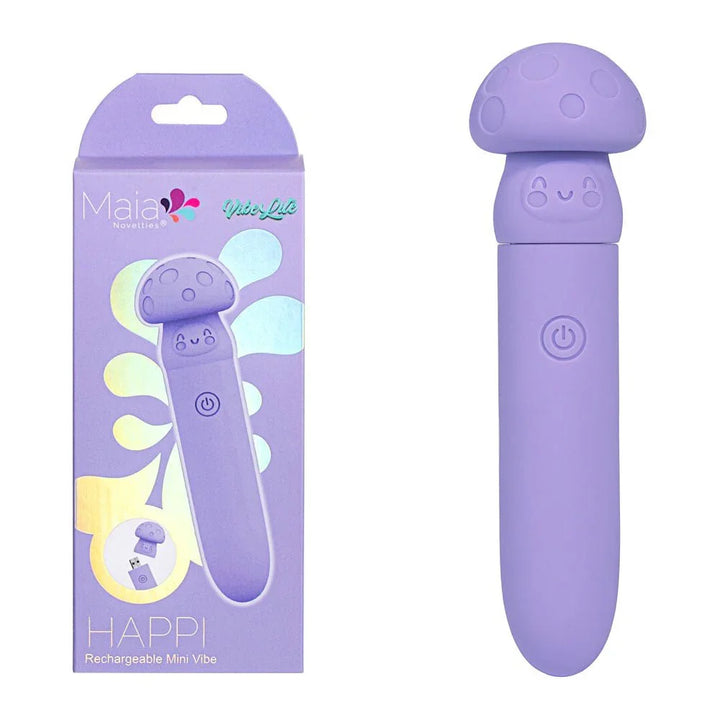 Maia Happi mini vibe in Purple with a mushroom cap, beside its Maia Vibe Lite box