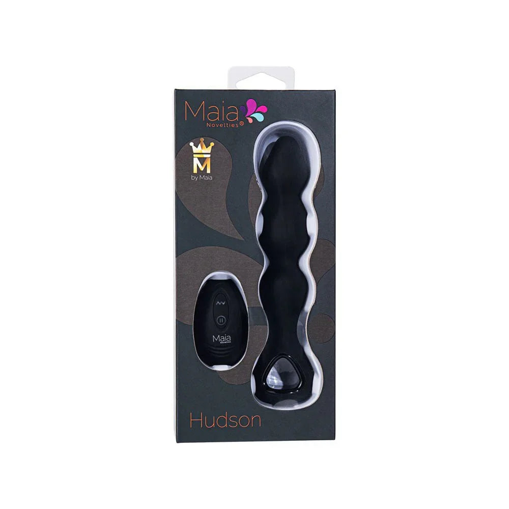 Maia Hudson retail box, beaded vibrator and remote pictured through the window