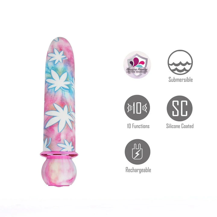 Maia Jaguar 420 tie-dye bullet with icons for 10 functions, submersible and rechargeable