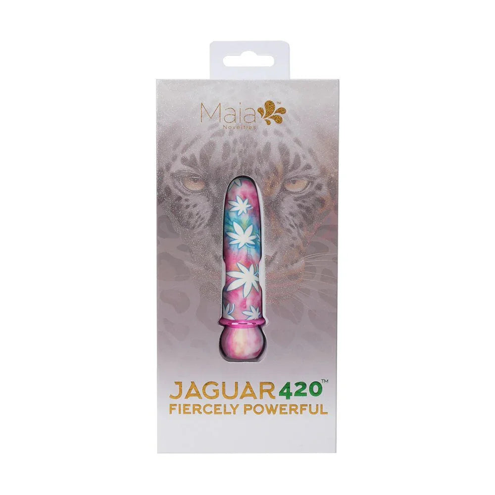 Maia Jaguar 420 retail box, leopard artwork with the tie-dye bullet pictured