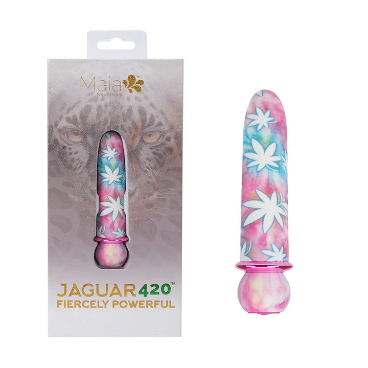 Maia Jaguar 420 bullet in pink and blue tie-dye with leaf print, beside its Maia box
