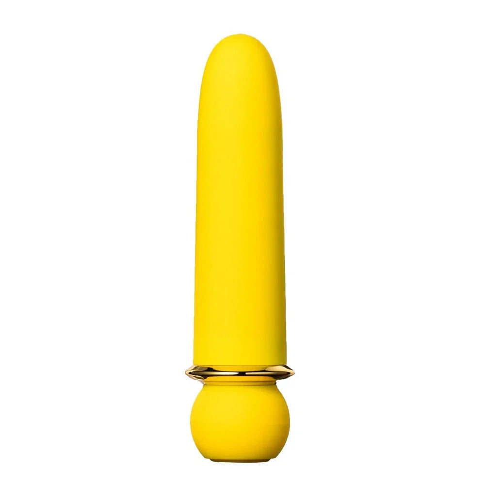 Maia Jaguar bullet in Yellow, upright alone on white with the gold band showing