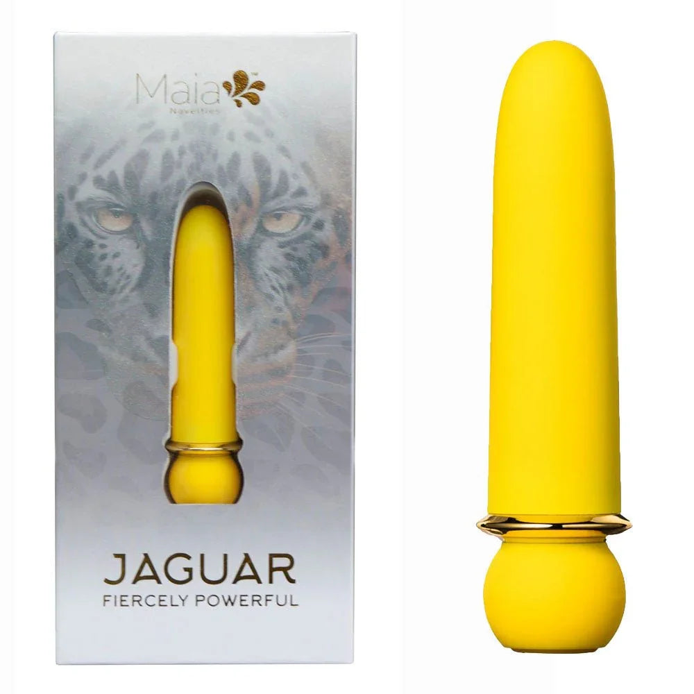Maia Jaguar bullet in Yellow with gold trim, upright beside its leopard-print Maia box