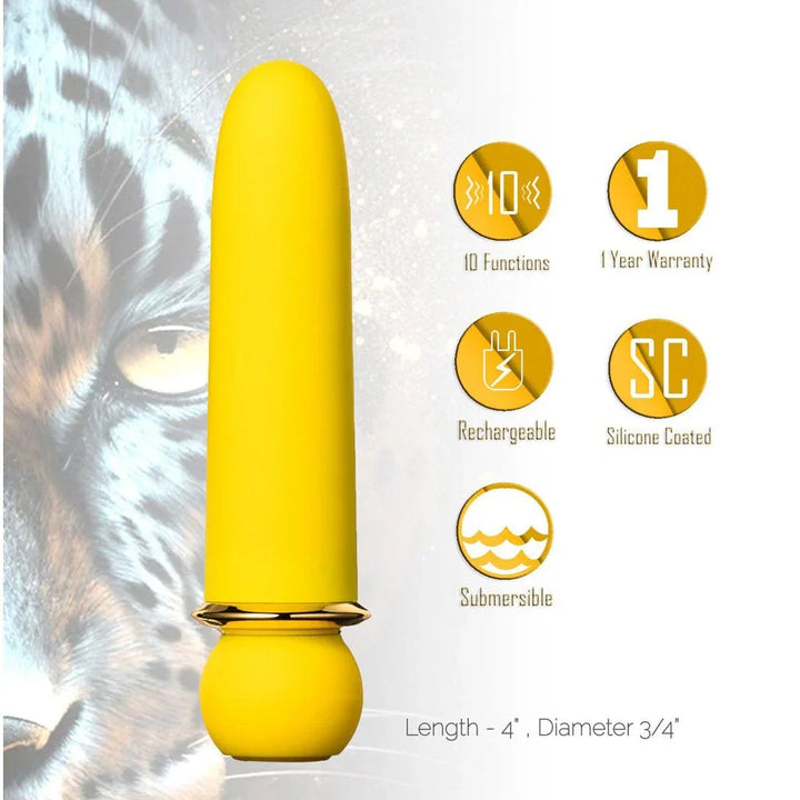 Maia Jaguar bullet in Yellow with feature icons and its 4 inch length noted