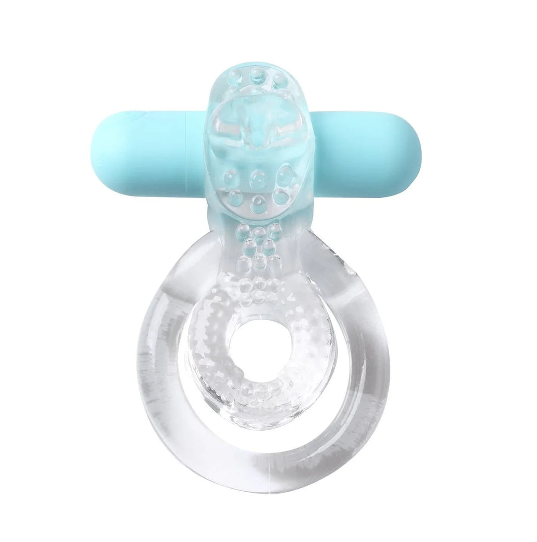 Maia Jayden vibrating cock ring in Clear, dual-loop ring with the blue bullet fitted
