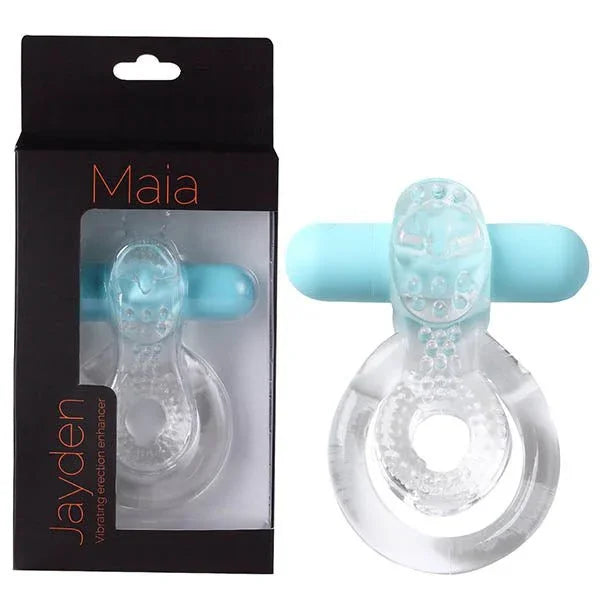 Maia Jayden vibrating cock ring in Clear with a blue bullet, beside its black Maia box