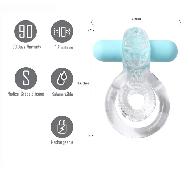 Maia Jayden clear cock ring with blue bullet, sized 3 inches with feature icons