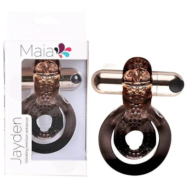 Maia Jayden vibrating cock ring in Rose Gold on a smoked ring, beside its Maia box