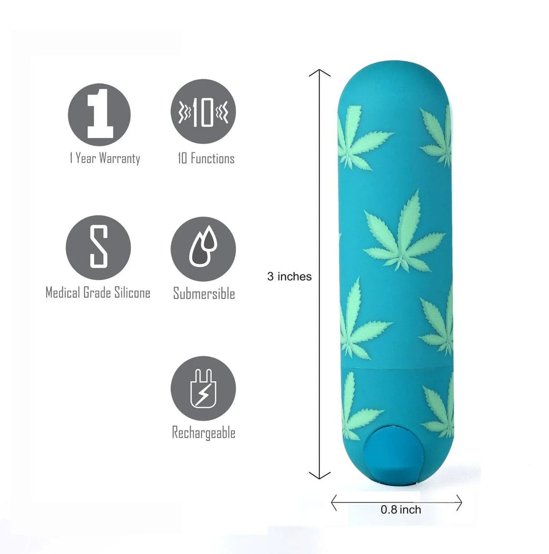 Maia Jessi 420 leaf-print bullet, sized 3 by 0.8 inches with feature icons