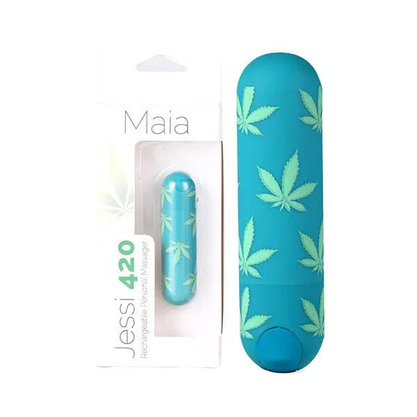 Maia Jessi 420 bullet in green-teal with a pale leaf print, beside its Maia pack