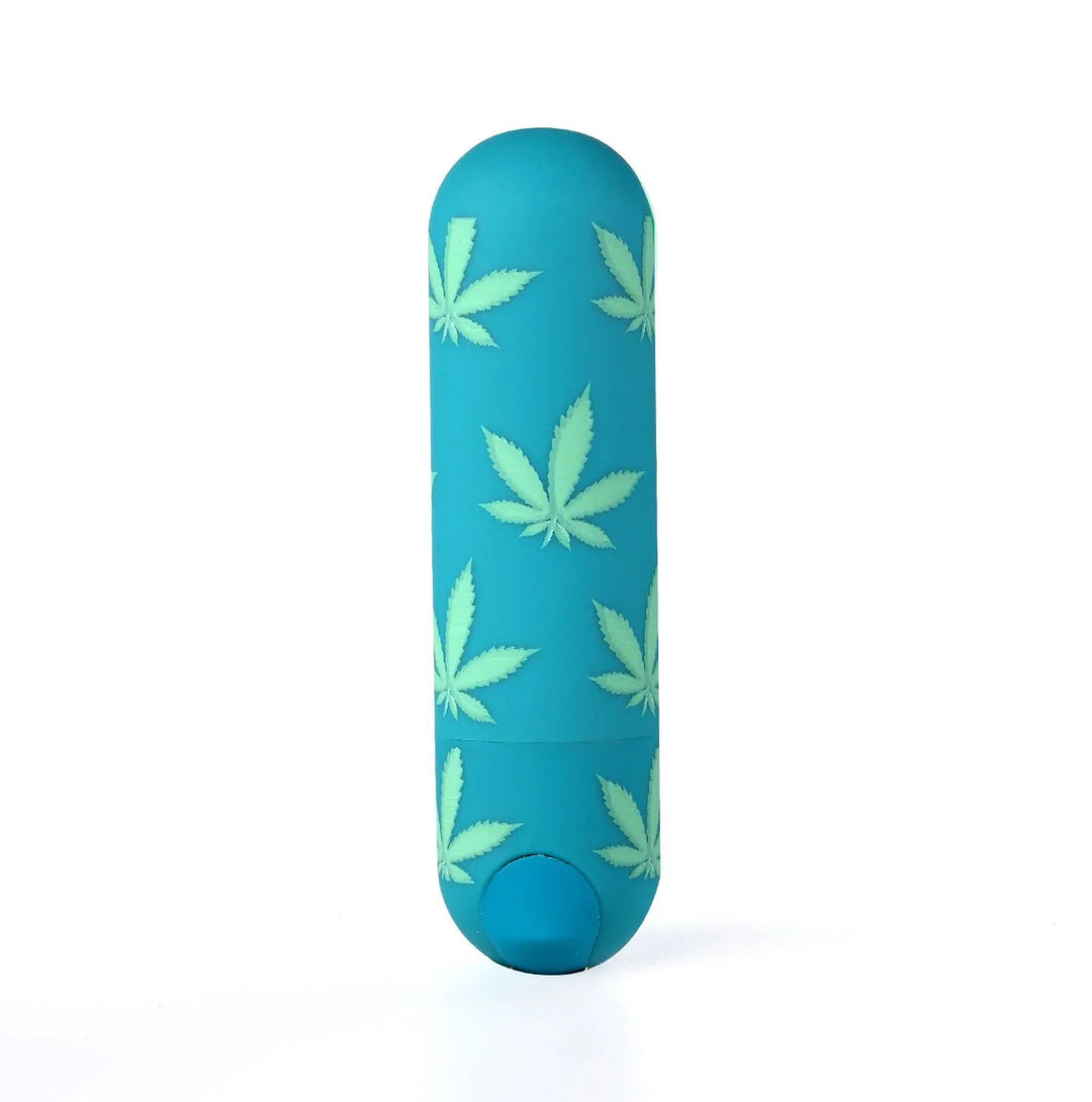 Maia Jessi 420 bullet in green-teal with a leaf print, upright alone on white