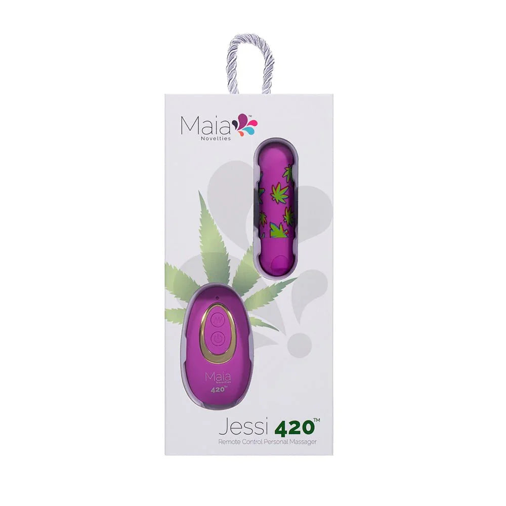 Maia Jessi 420 retail box, leaf-print bullet and remote pictured on the pack