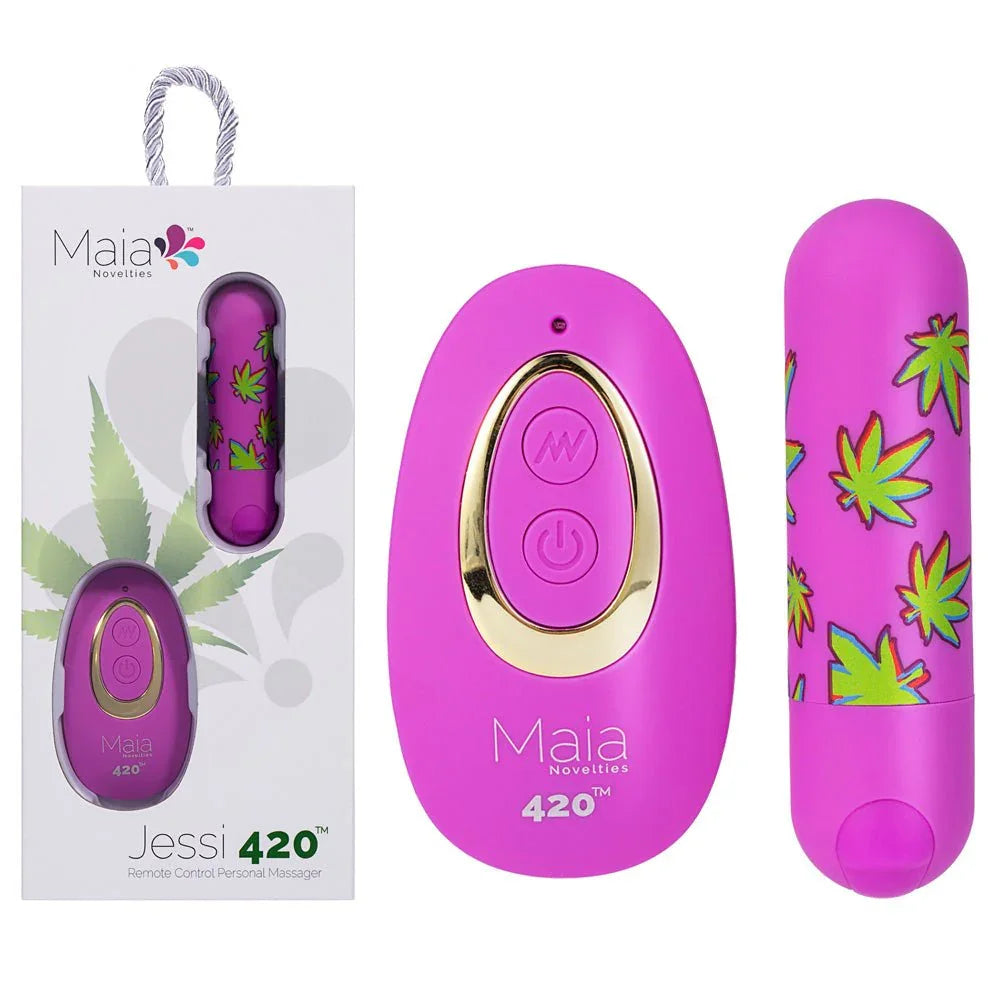 Maia Jessi 420 bullet in orchid purple with leaf print and its remote, and the box