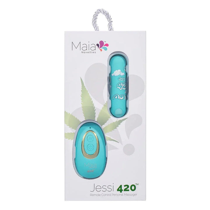 Maia Jessi 420 retail box, cloud-print bullet and remote pictured on the pack