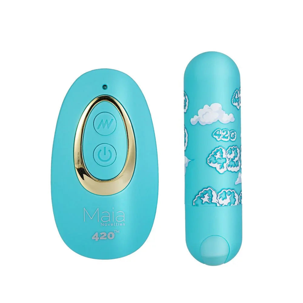Maia Jessi 420 bullet in Sky Blue beside its teal and gold wireless remote