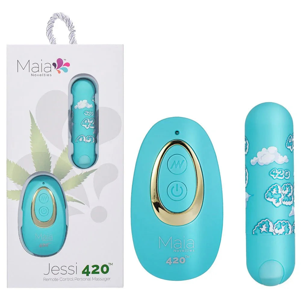 Maia Jessi 420 bullet in Sky Blue with cloud print and its teal remote, and the box