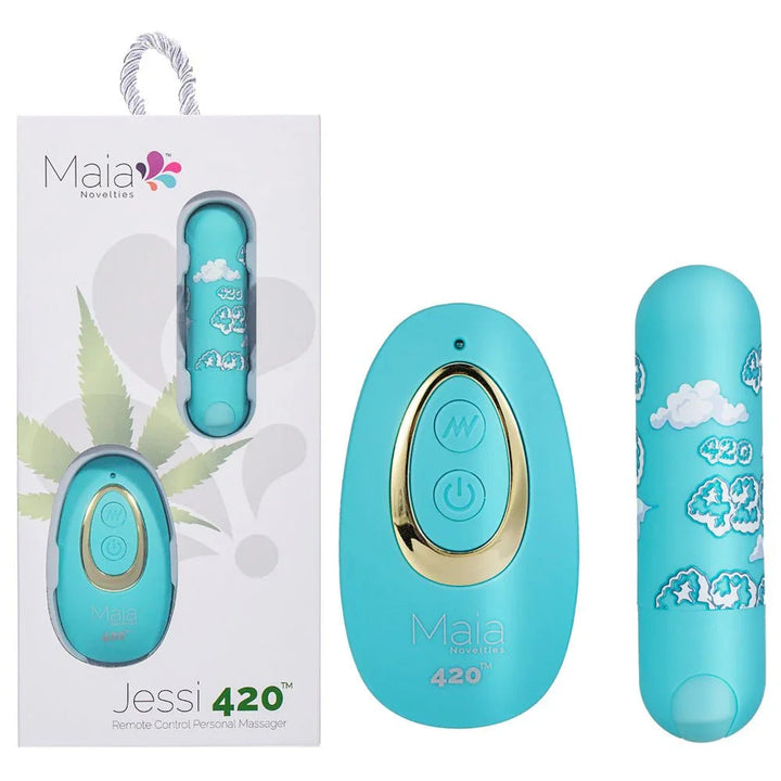 Maia Jessi 420 bullet in Sky Blue with cloud print and its teal remote, and the box