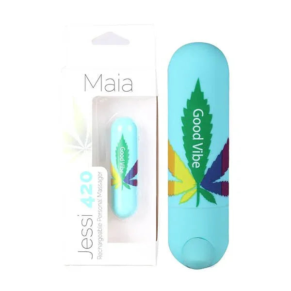 Maia Jessi 420 bullet in Teal printed Good Vibe with a leaf, beside its Maia pack