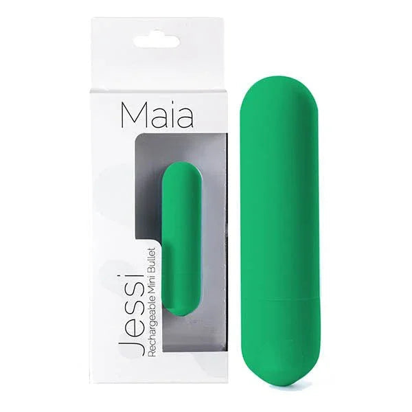 Maia Jessi mini bullet in Emerald Green, plain finish beside its white Maia box