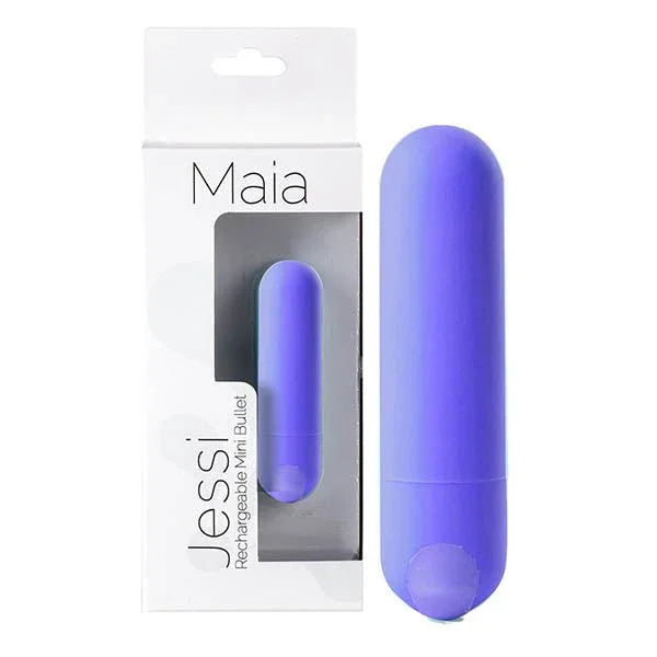 Maia Jessi mini bullet in Purple, plain periwinkle finish beside its white Maia box