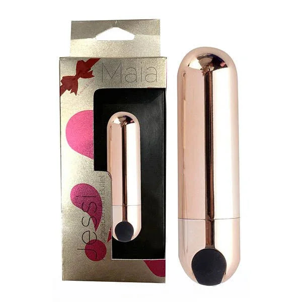 Maia Jessi mini bullet in Rose Gold, metallic finish beside its gold Maia box