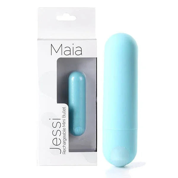 Maia Jessi mini bullet in Teal Blue, plain pale finish beside its white Maia box
