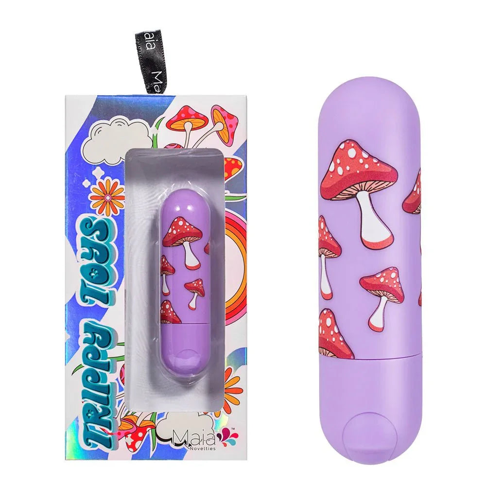 Maia Jessi bullet in Lavender with a red mushroom print, beside its Trippy Toes pack