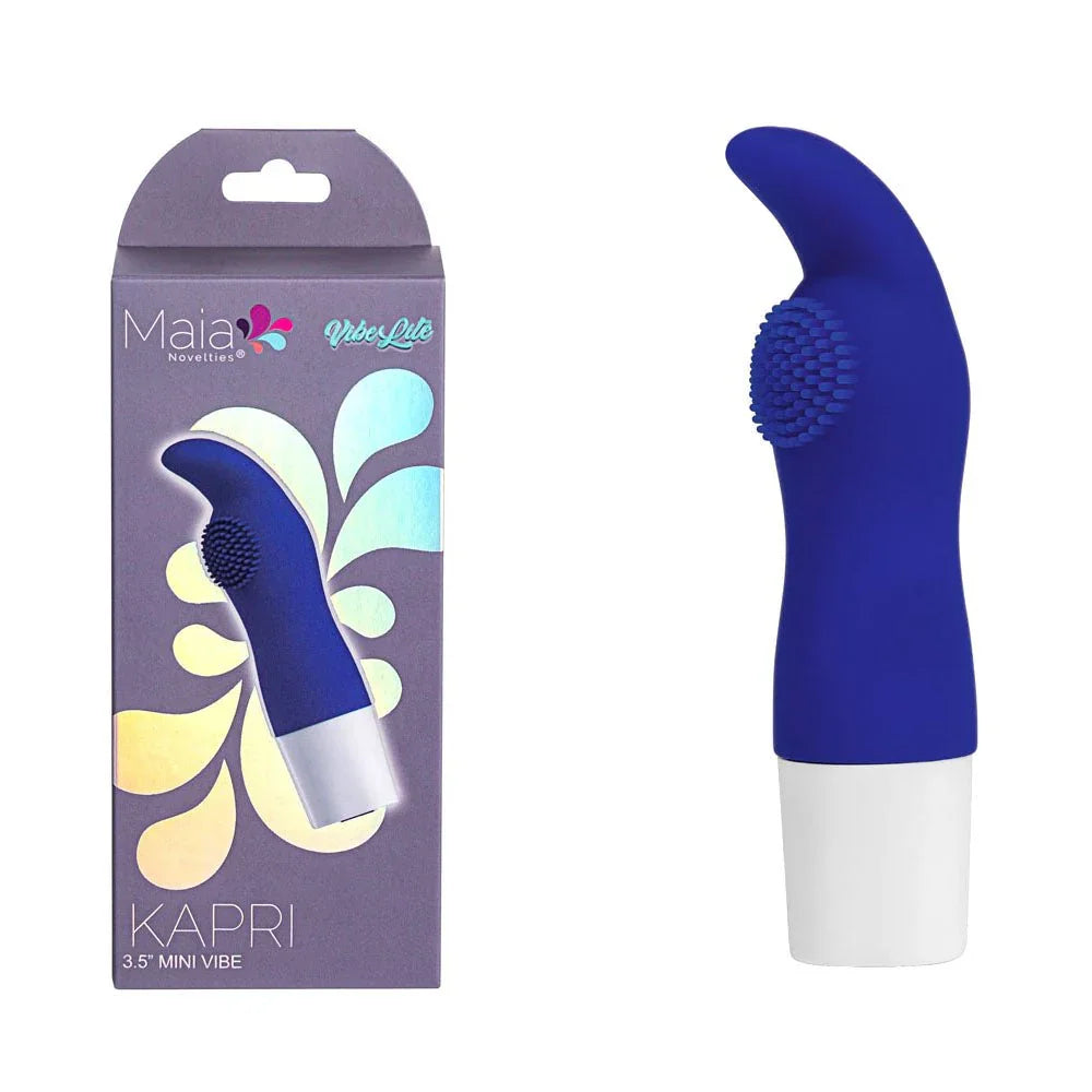 Maia Kapri mini vibe in Blue with nubbed G-spot tip, beside its Maia Vibe Lite box