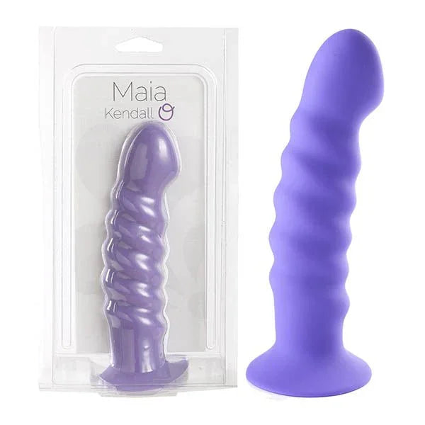 Maia Kendall 20 cm dong in Purple, spiral ribbed shaft beside its Maia blister pack