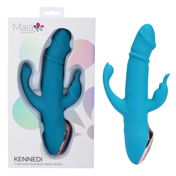 Maia Kennedi triple stimulating vibrator in Blue with rose gold base, beside its box