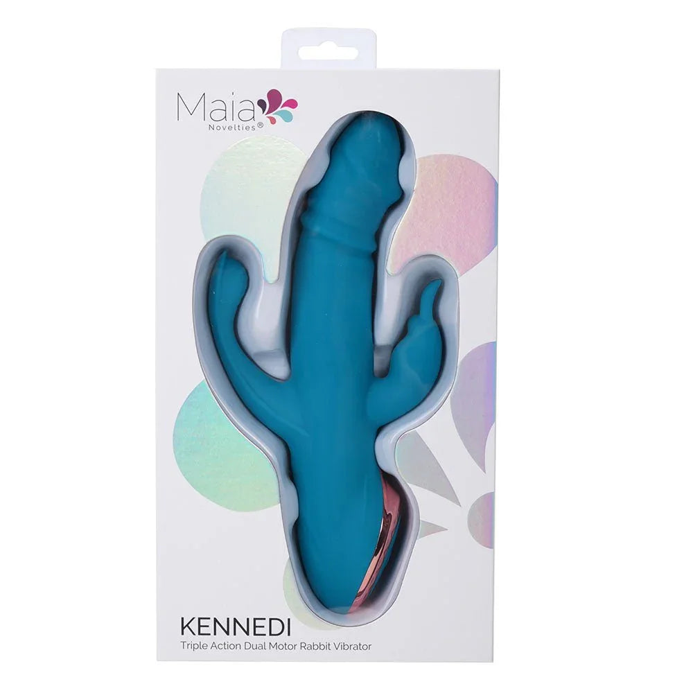 Maia Kennedi retail box, blue rabbit vibrator pictured through the window