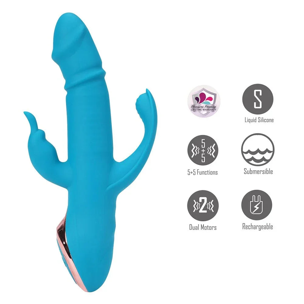 Maia Kennedi vibrator in Blue with icons for dual motors and 5 plus 5 functions