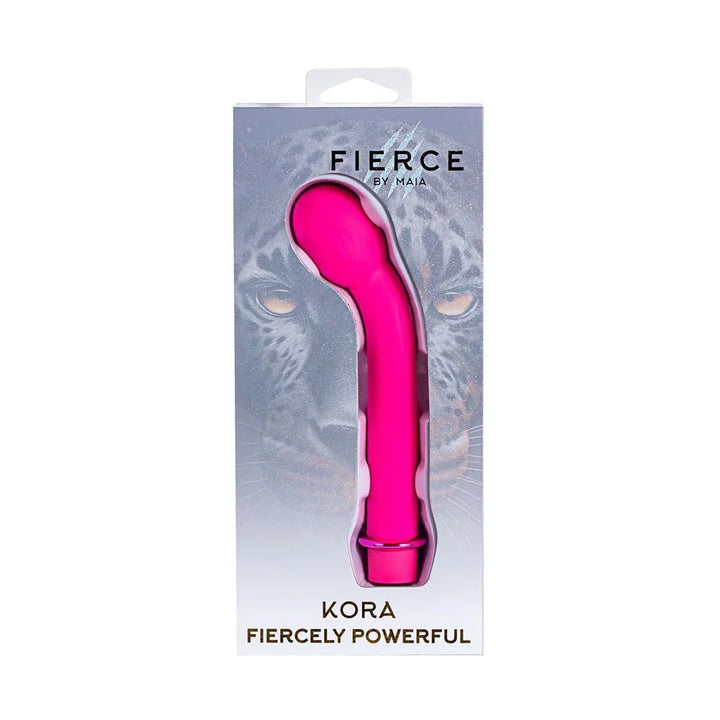 Maia Kora retail box, leopard artwork with the pink G-spot vibrator pictured
