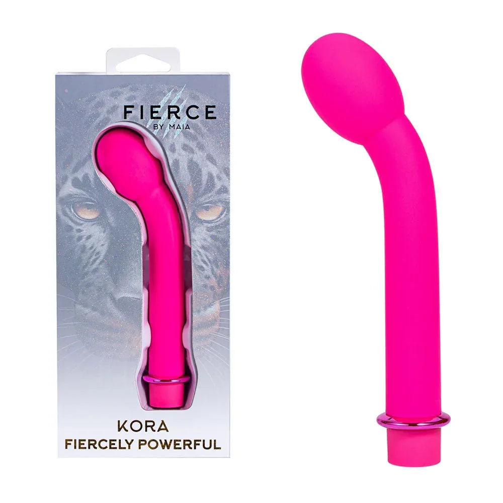 Maia Kora G-spot vibrator in Pink, bulbous tip and metal ring, beside its Fierce box